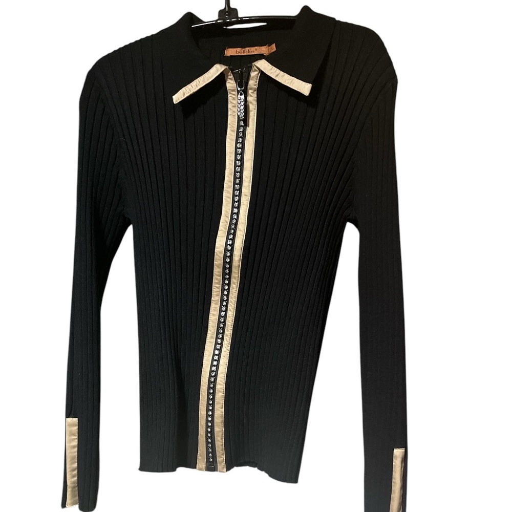 Belldini Black and Cream Ribbed Fitted Cardigan